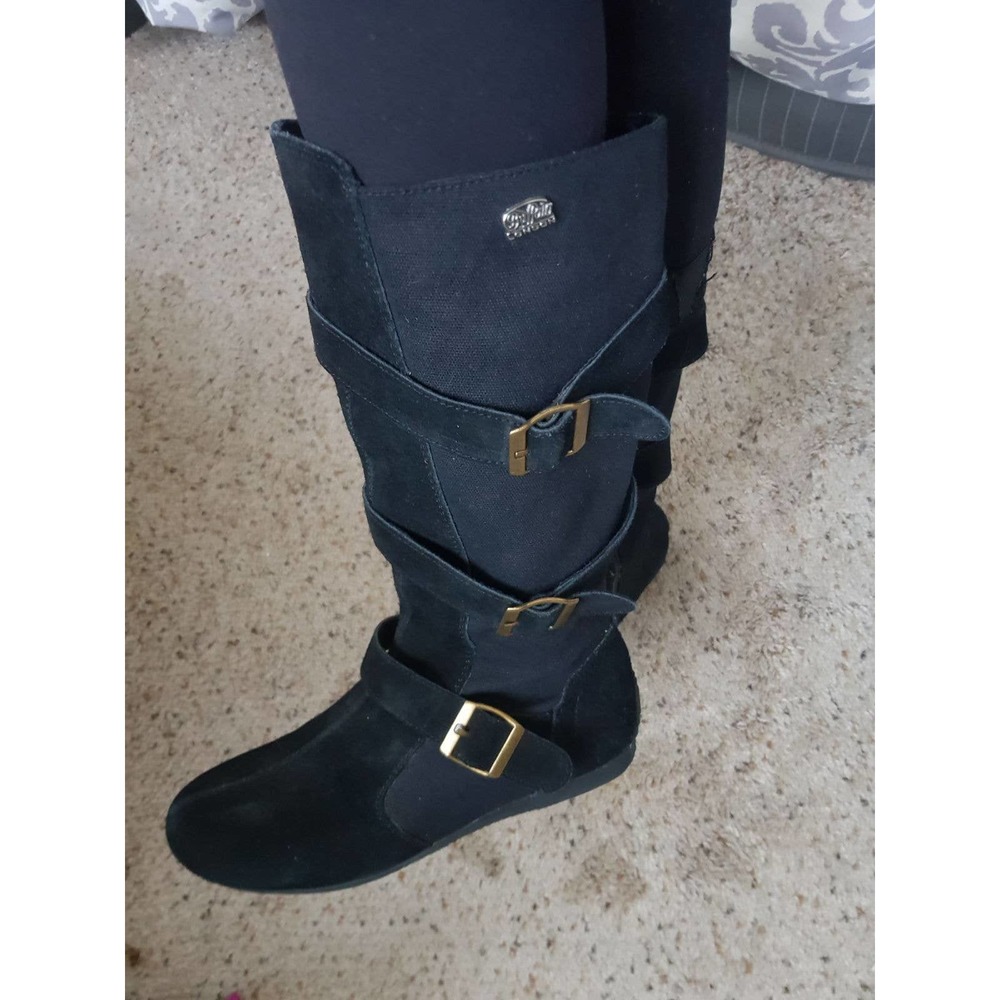 Buffalo London black suede leather flat buckle boots